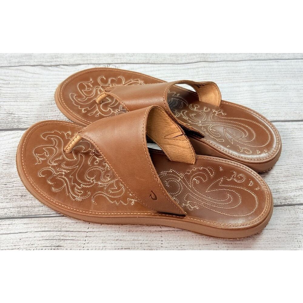 Olukai Sandals Women’s Paniolo Lipi Thong Leather Flip Flops Tan Size 9 - Picture 2 of 6